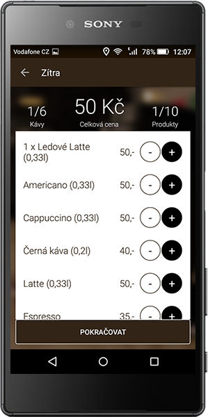 Nákupní košík v mobilní aplikaci Click coffee