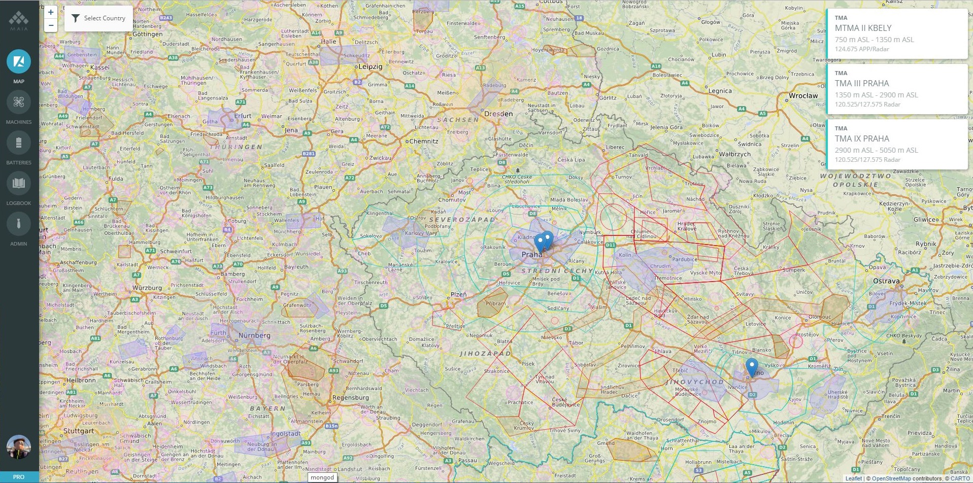 Mapa se zobrazením letových zón v mobilní aplikaci MAIA