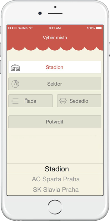 Zobrazení rozložení stadionu v mobilní aplikaci Stadyum